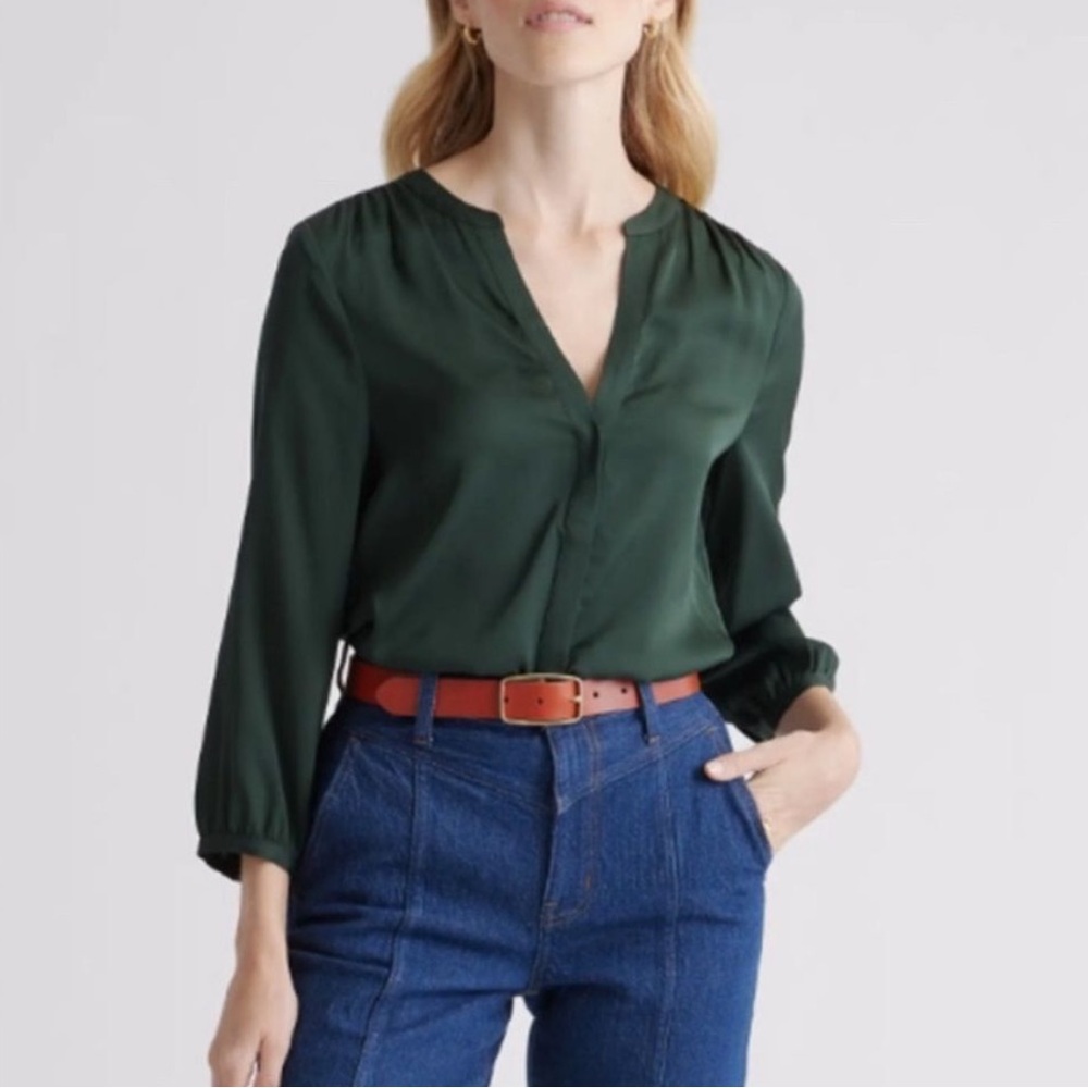 Quince Dark Green V-Neck Silk Long Sleeve Blouse